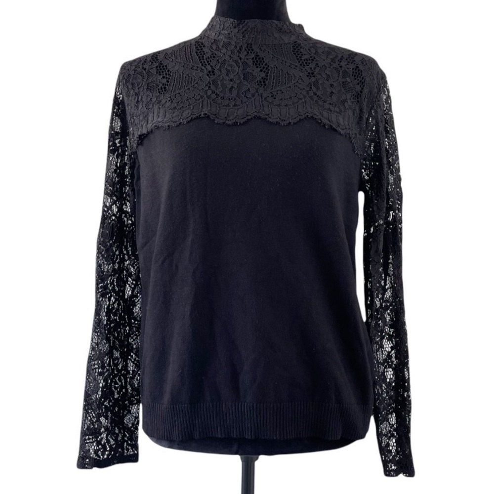 Joseph A Black Lace Mock Neck Keyhole Sweater Top Size Large EUC